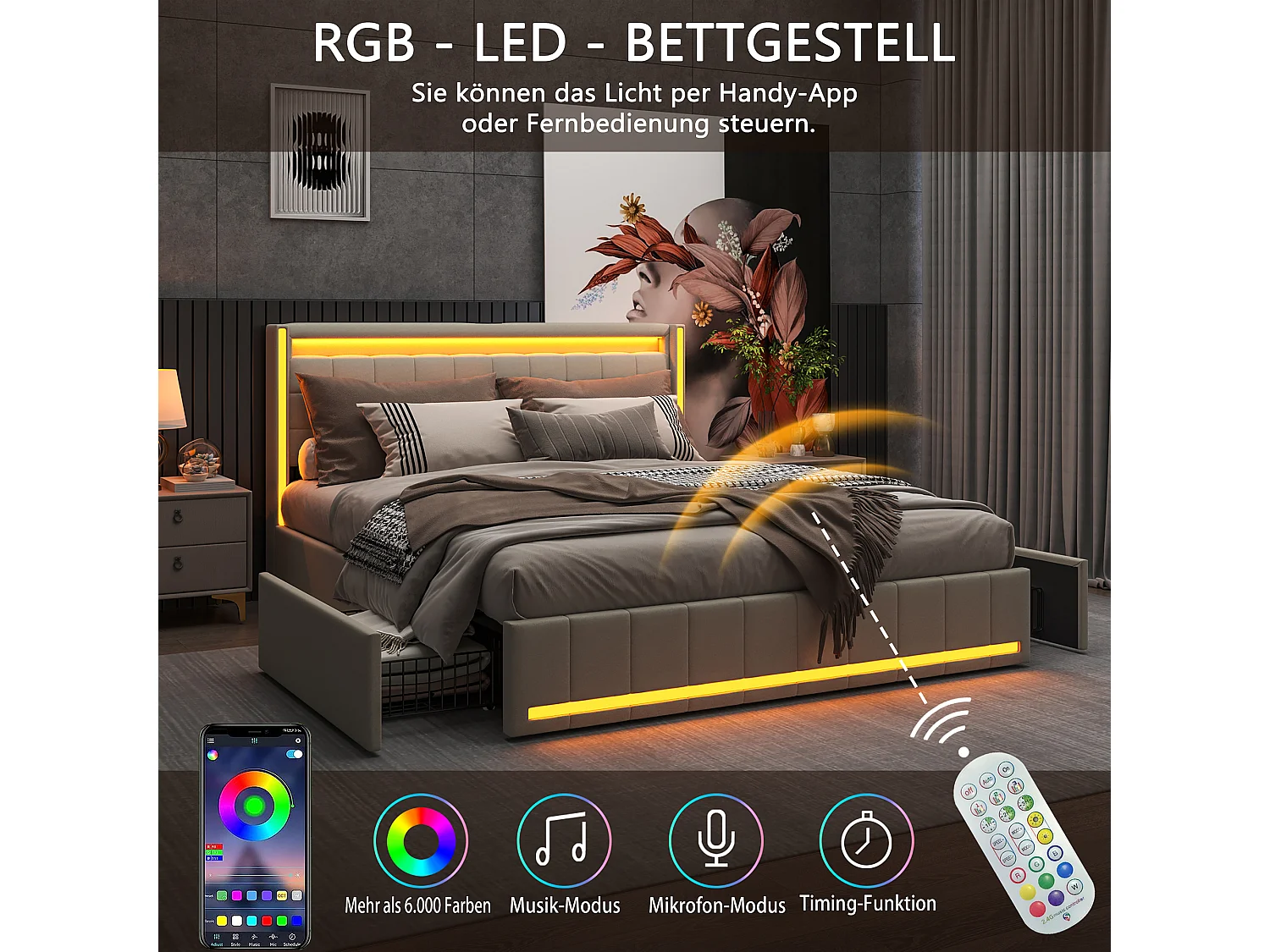 Lit Double 160X200cm Avec 4 Tiroirs,Éclairage LED,Ports USB Et Type‑C,Roulettes Pour Rangement,Cadre De Lit Moderne Pour Chambre À Coucher,Lin,Beige
