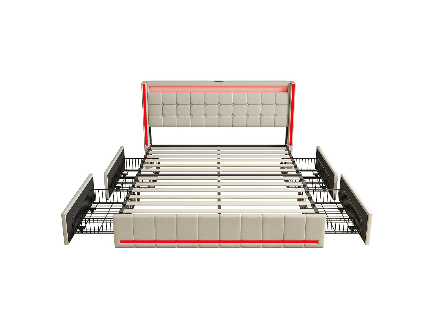 Lit Double 160X200cm Avec 4 Tiroirs,Éclairage LED,Ports USB Et Type‑C,Roulettes Pour Rangement,Cadre De Lit Moderne Pour Chambre À Coucher,Lin,Beige