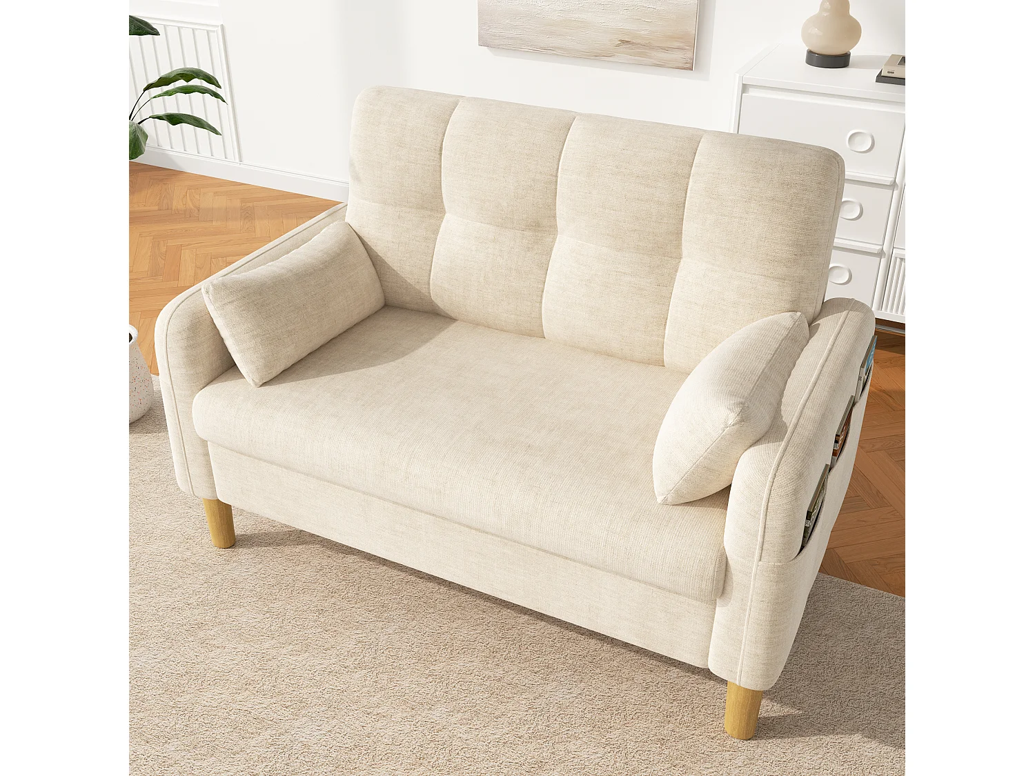 Divano moderno a 2 posti con 2 cuscini, seduta spessa e vano portaoggetti laterale - Ciniglia di poliestere - 119 x 78 x 85 cm - Beige