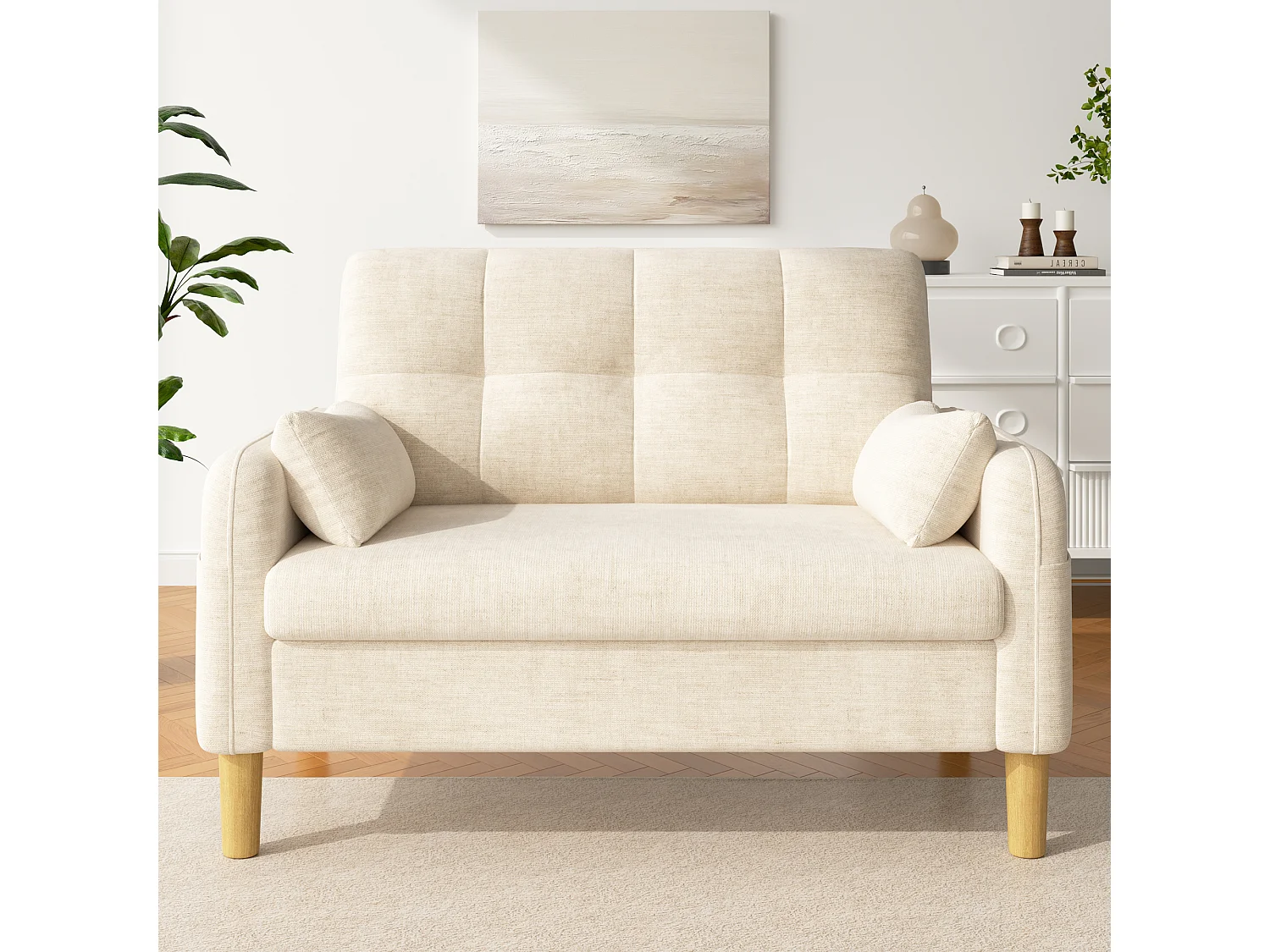 Divano moderno a 2 posti con 2 cuscini, seduta spessa e vano portaoggetti laterale - Ciniglia di poliestere - 119 x 78 x 85 cm - Beige