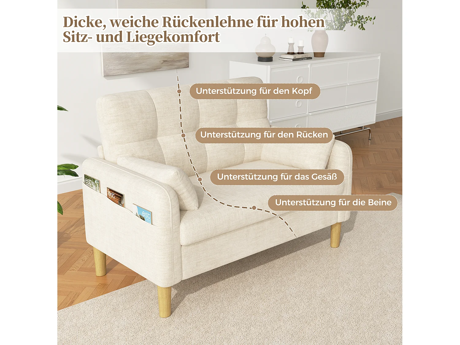 Divano moderno a 2 posti con 2 cuscini, seduta spessa e vano portaoggetti laterale - Ciniglia di poliestere - 119 x 78 x 85 cm - Beige