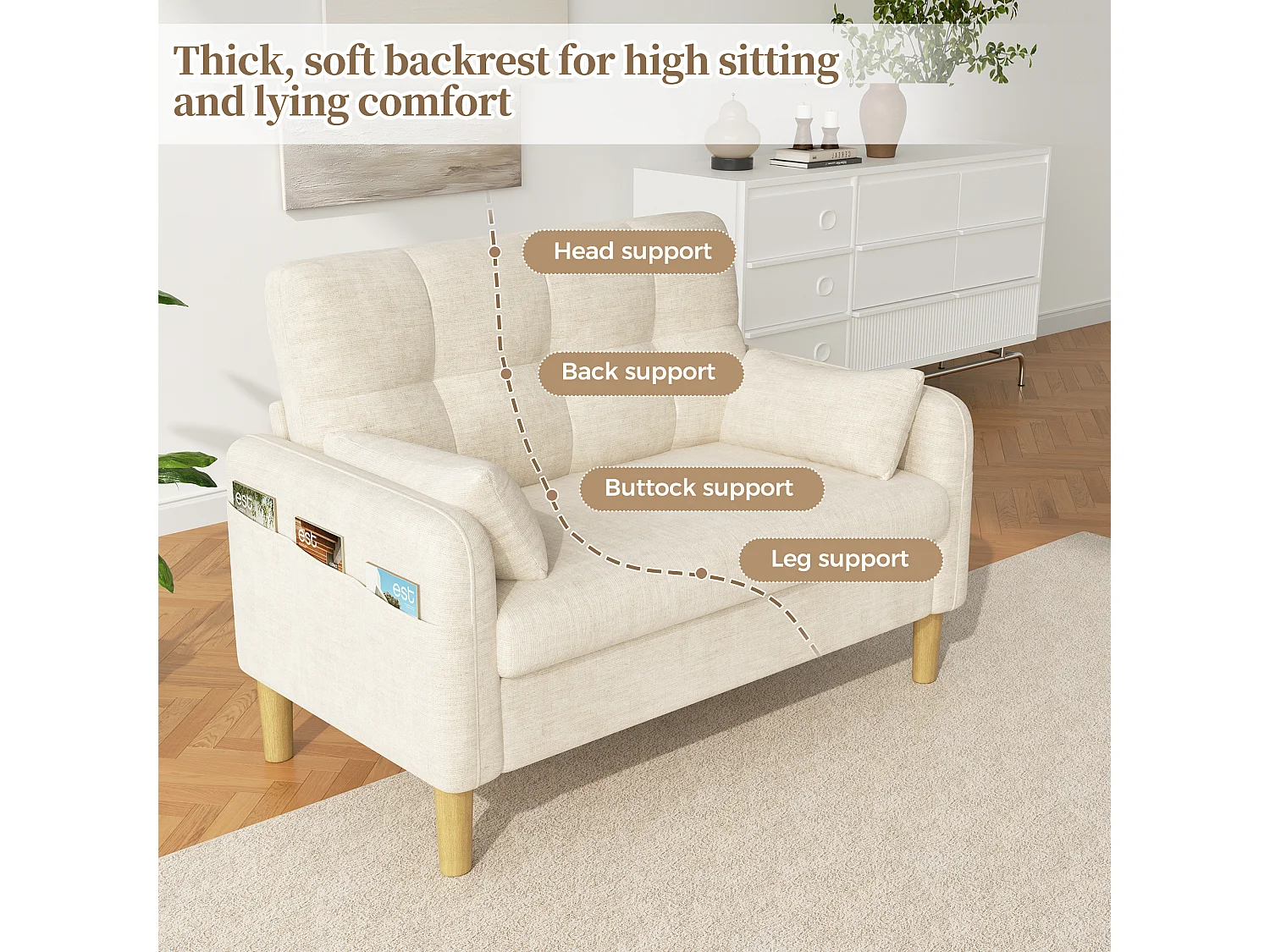 Divano moderno a 2 posti con 2 cuscini, seduta spessa e vano portaoggetti laterale - Ciniglia di poliestere - 119 x 78 x 85 cm - Beige