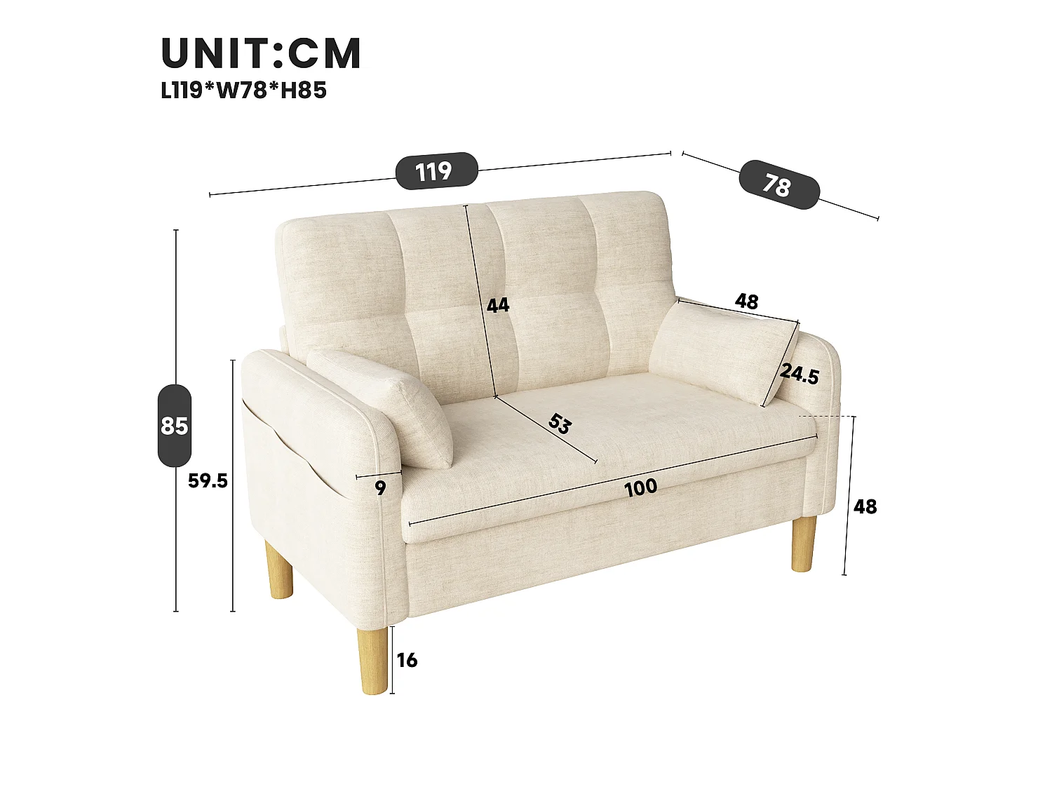 Divano moderno a 2 posti con 2 cuscini, seduta spessa e vano portaoggetti laterale - Ciniglia di poliestere - 119 x 78 x 85 cm - Beige