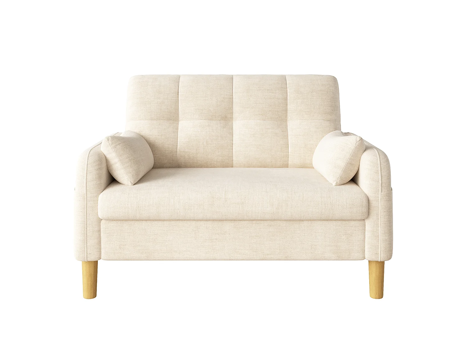 Divano moderno a 2 posti con 2 cuscini, seduta spessa e vano portaoggetti laterale - Ciniglia di poliestere - 119 x 78 x 85 cm - Beige