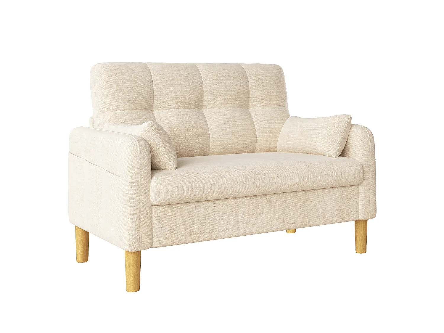 Divano moderno a 2 posti con 2 cuscini, seduta spessa e vano portaoggetti laterale - Ciniglia di poliestere - 119 x 78 x 85 cm - Beige