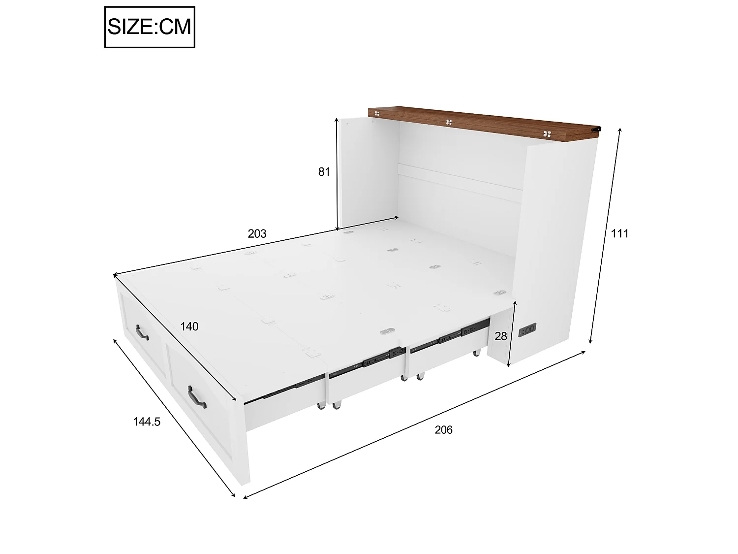 Lit escamotable 140 x 200 cm avec prise électrique, roulettes silencieuses - Métal + contreplaqué - Blanc (Sans matelas)