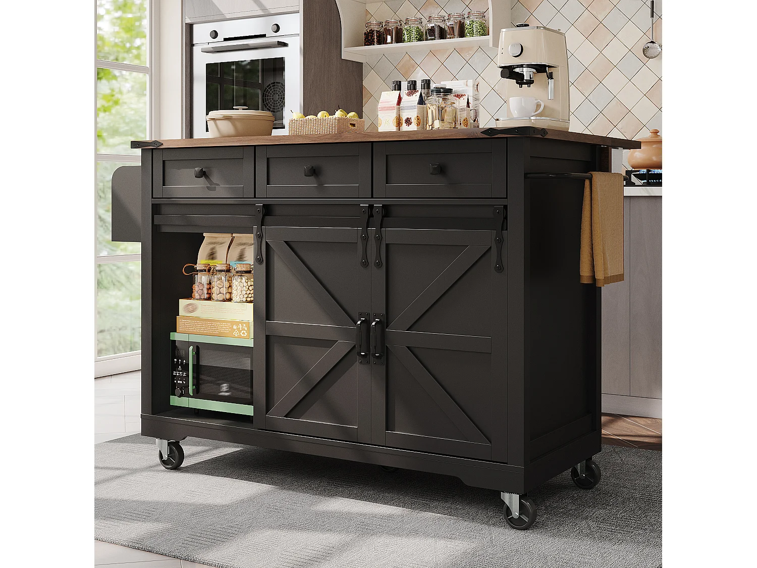 Verrijdbaar keukeneiland met 2 schuifdeuren en 3 lades - 140 x 45 cm / 73 x 94 cm - Uitschuifbaar blad - MDF - Zwart