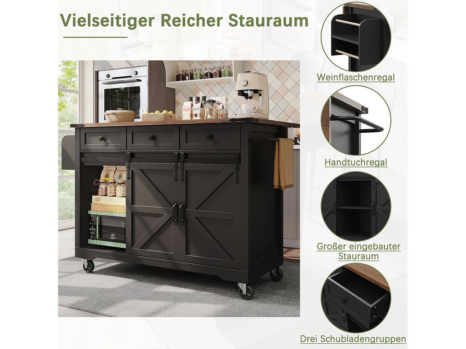 Verrijdbaar keukeneiland met 2 schuifdeuren en 3 lades - 140 x 45 cm / 73 x 94 cm - Uitschuifbaar blad - MDF - Zwart