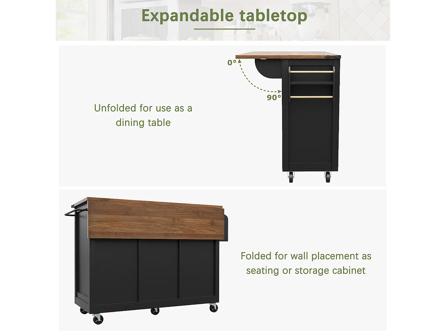 Verrijdbaar keukeneiland met 2 schuifdeuren en 3 lades - 140 x 45 cm / 73 x 94 cm - Uitschuifbaar blad - MDF - Zwart