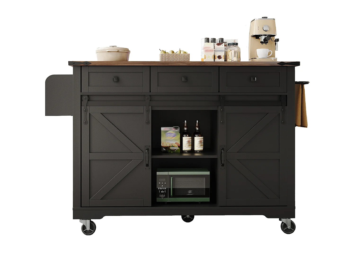 Verrijdbaar keukeneiland met 2 schuifdeuren en 3 lades - 140 x 45 cm / 73 x 94 cm - Uitschuifbaar blad - MDF - Zwart