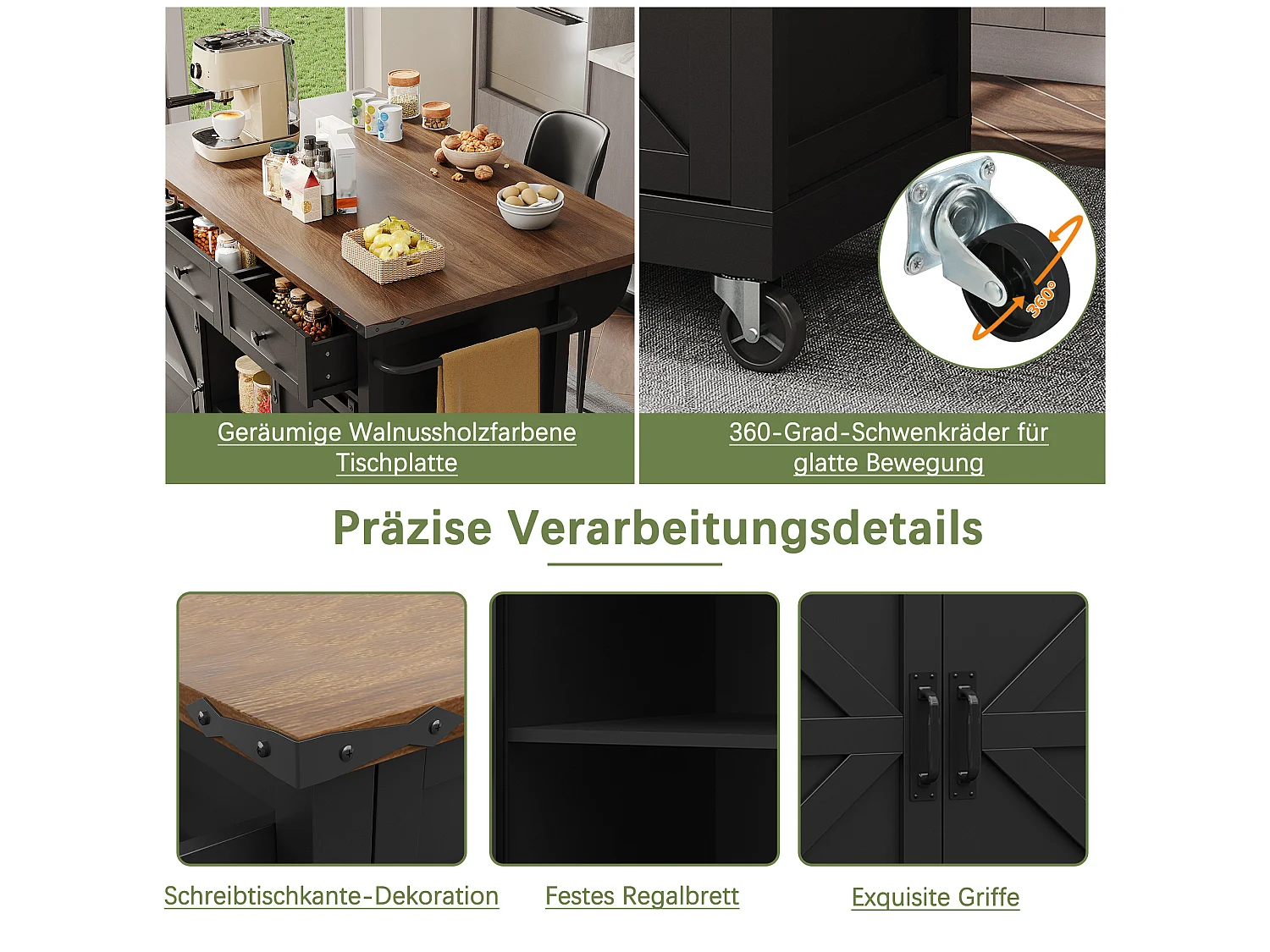 Verrijdbaar keukeneiland met 2 schuifdeuren en 3 lades - 140 x 45 cm / 73 x 94 cm - Uitschuifbaar blad - MDF - Zwart