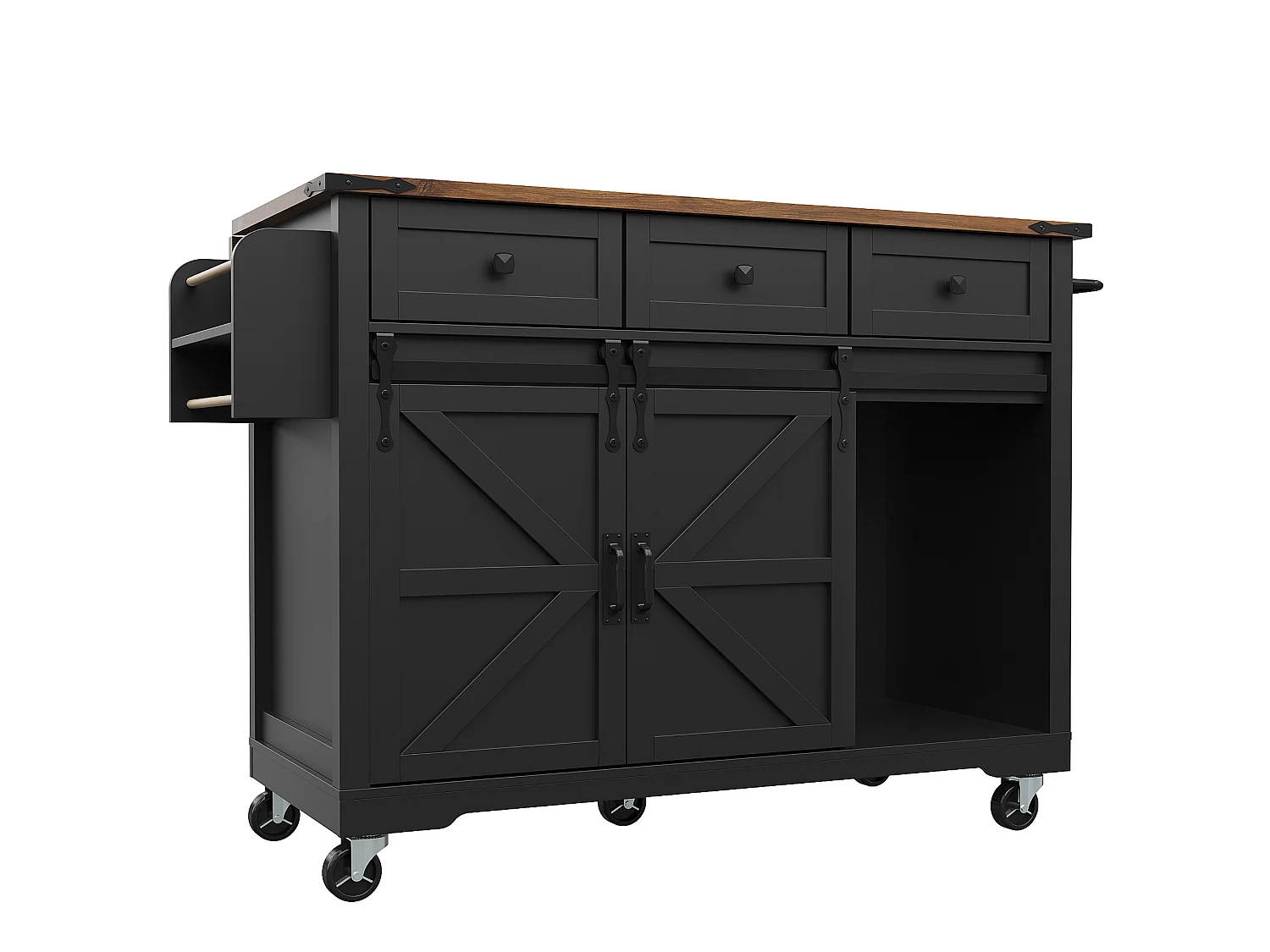 Verrijdbaar keukeneiland met 2 schuifdeuren en 3 lades - 140 x 45 cm / 73 x 94 cm - Uitschuifbaar blad - MDF - Zwart