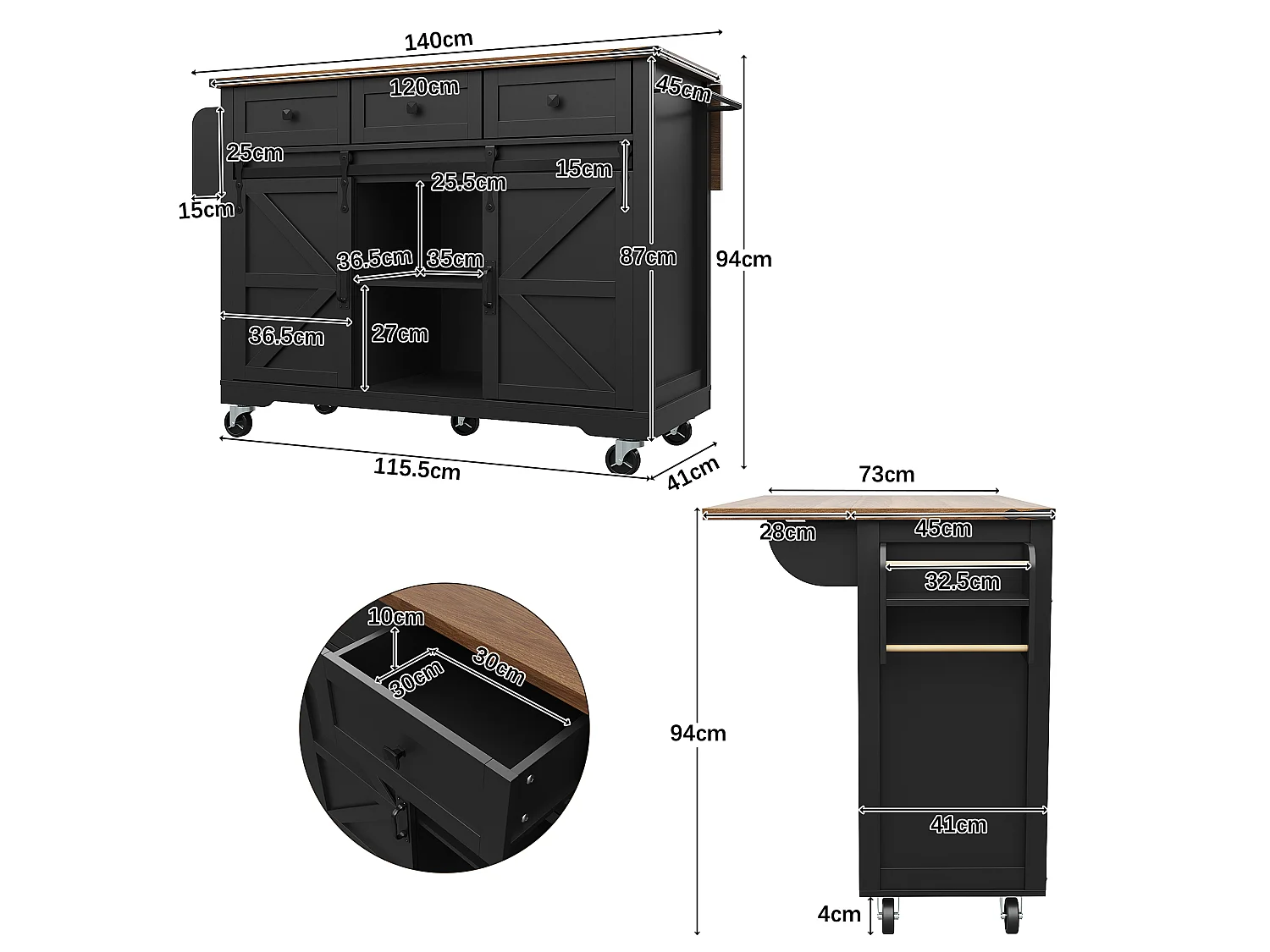 Verrijdbaar keukeneiland met 2 schuifdeuren en 3 lades - 140 x 45 cm / 73 x 94 cm - Uitschuifbaar blad - MDF - Zwart