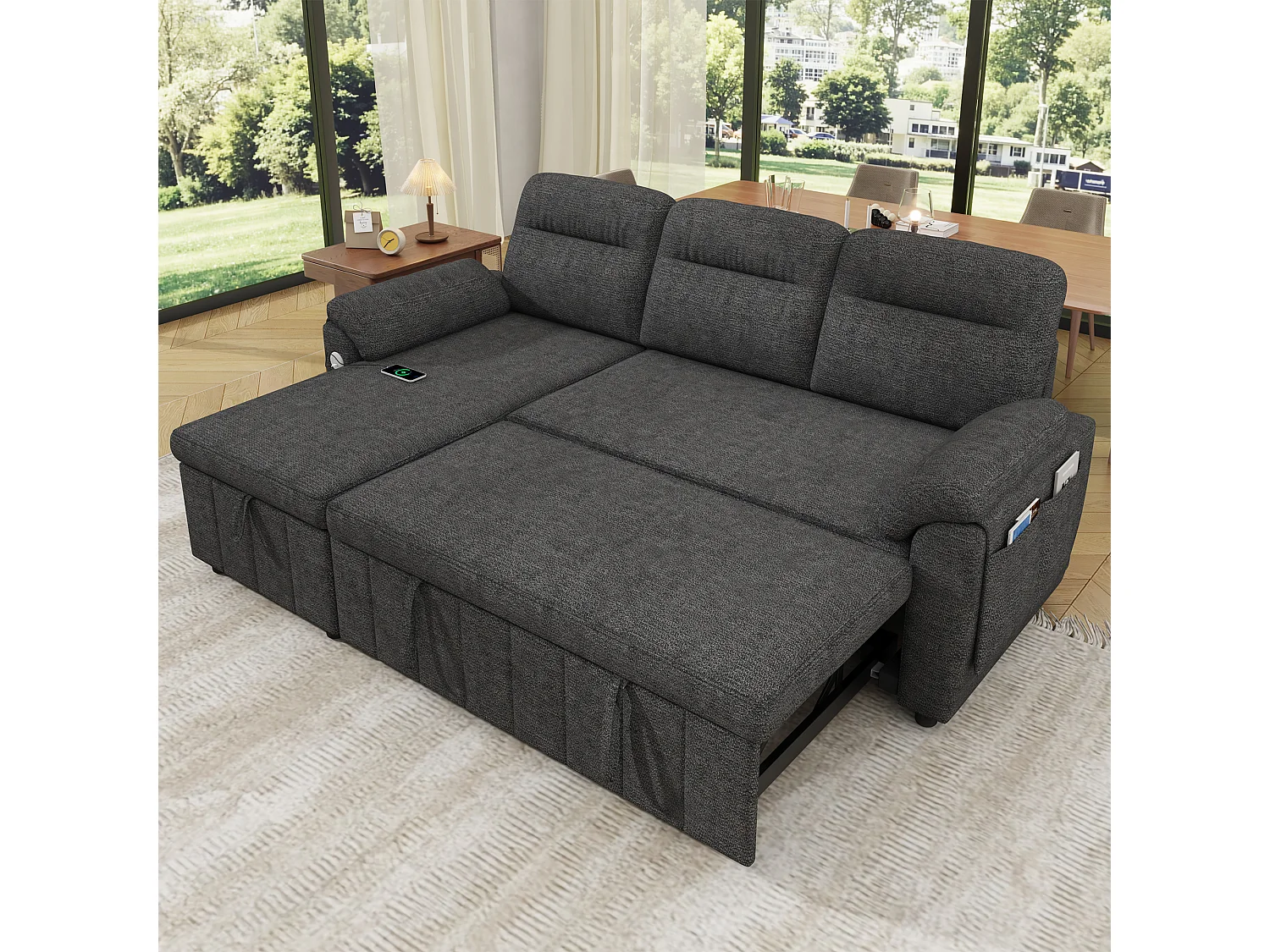 Canapé d'angle 3 places avec méridienne réversible, rangement et ports USB/Type-C - Chenille - 208 x 131 x 88 cm - Gris