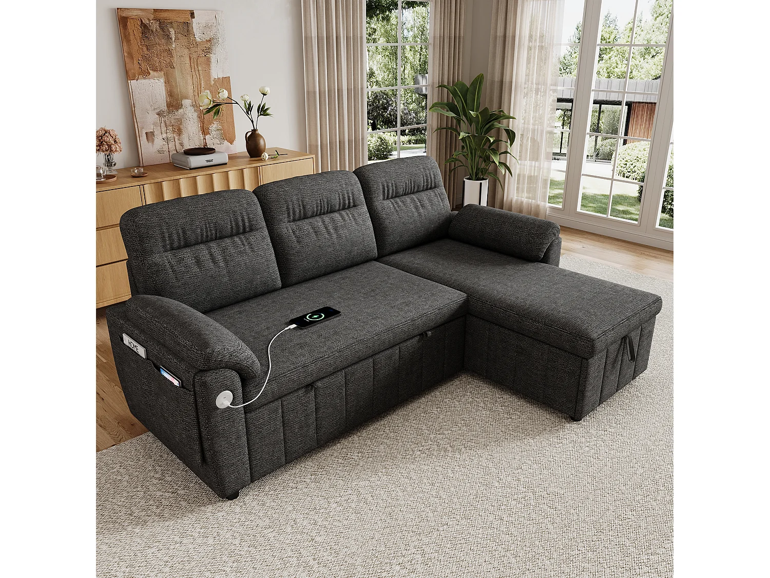 Canapé d'angle 3 places avec méridienne réversible, rangement et ports USB/Type-C - Chenille - 208 x 131 x 88 cm - Gris