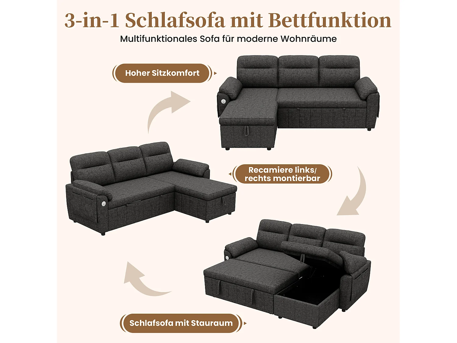 Canapé d'angle 3 places avec méridienne réversible, rangement et ports USB/Type-C - Chenille - 208 x 131 x 88 cm - Gris