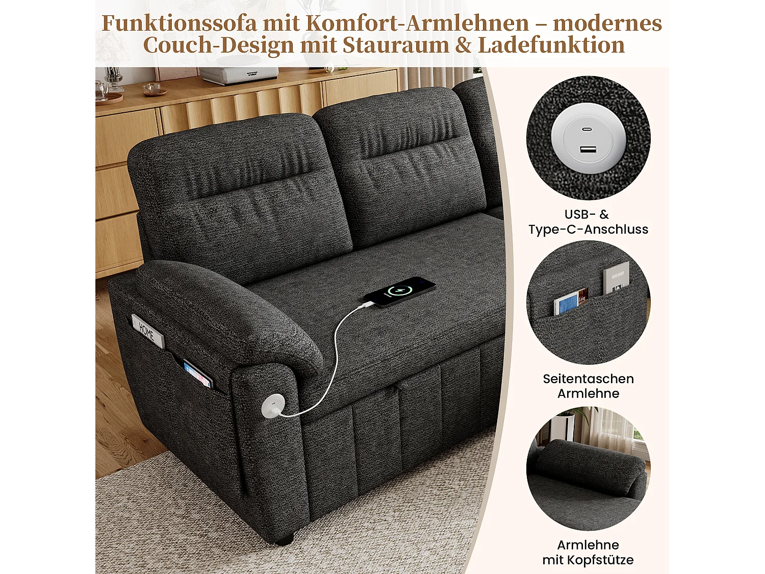Canapé d'angle 3 places avec méridienne réversible, rangement et ports USB/Type-C - Chenille - 208 x 131 x 88 cm - Gris