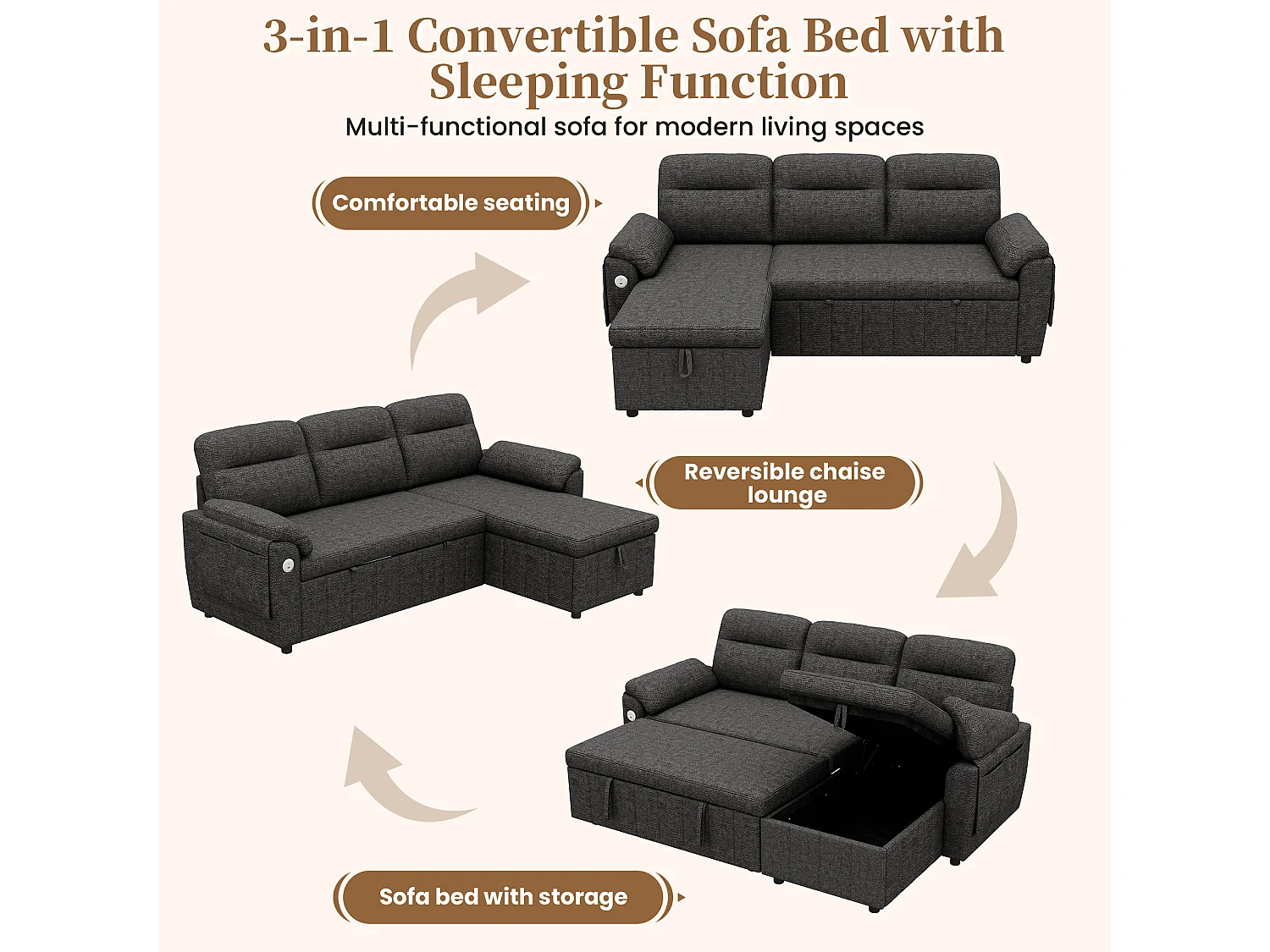 Canapé d'angle 3 places avec méridienne réversible, rangement et ports USB/Type-C - Chenille - 208 x 131 x 88 cm - Gris