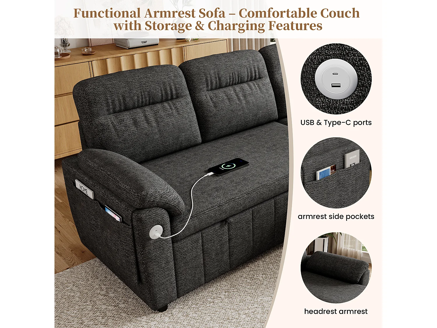 Canapé d'angle 3 places avec méridienne réversible, rangement et ports USB/Type-C - Chenille - 208 x 131 x 88 cm - Gris