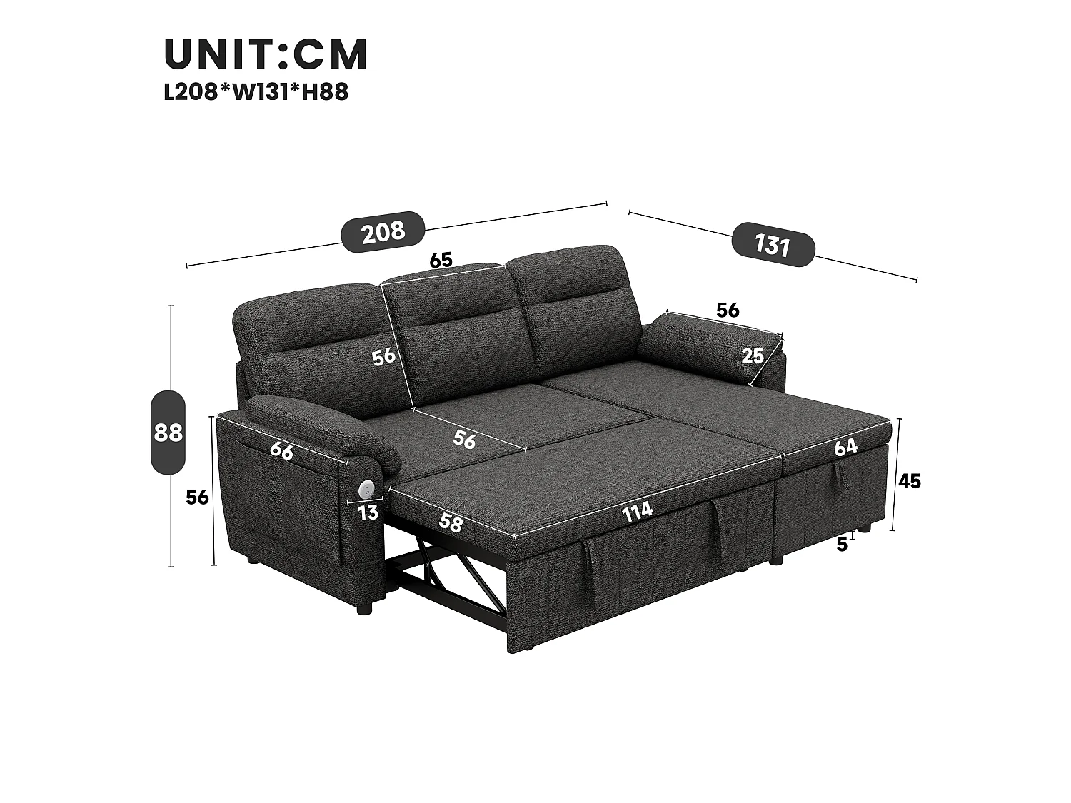 Canapé d'angle 3 places avec méridienne réversible, rangement et ports USB/Type-C - Chenille - 208 x 131 x 88 cm - Gris