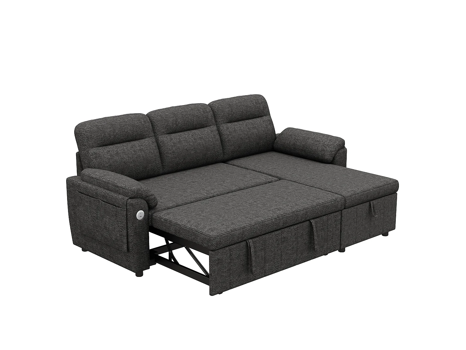 Canapé d'angle 3 places avec méridienne réversible, rangement et ports USB/Type-C - Chenille - 208 x 131 x 88 cm - Gris