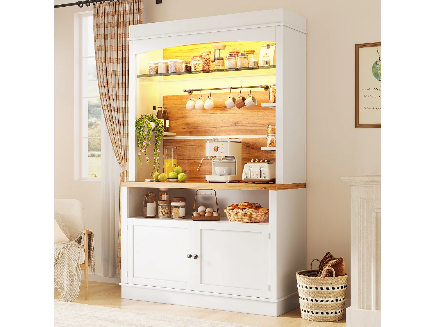 Set of 2 Kitchen Buffets with 2 Doors, RGB LED Lighting, Glass Shelves, Hooks and Closed Cabinet - MDF/Metal - 107 x 34 x 184 cm - White + Wood