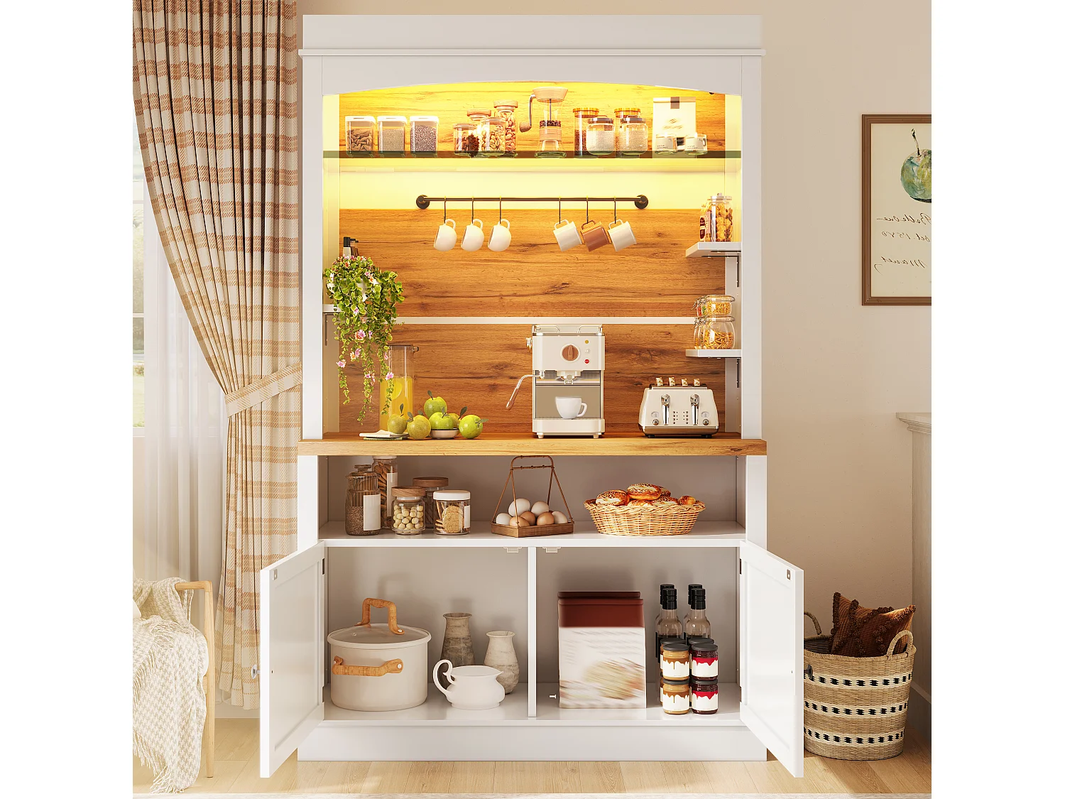 Set of 2 Kitchen Buffets with 2 Doors, RGB LED Lighting, Glass Shelves, Hooks and Closed Cabinet - MDF/Metal - 107 x 34 x 184 cm - White + Wood