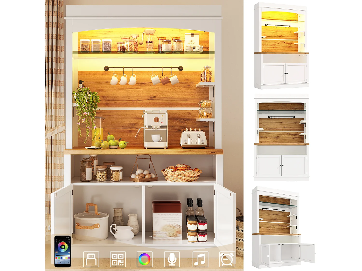 Set of 2 Kitchen Buffets with 2 Doors, RGB LED Lighting, Glass Shelves, Hooks and Closed Cabinet - MDF/Metal - 107 x 34 x 184 cm - White + Wood