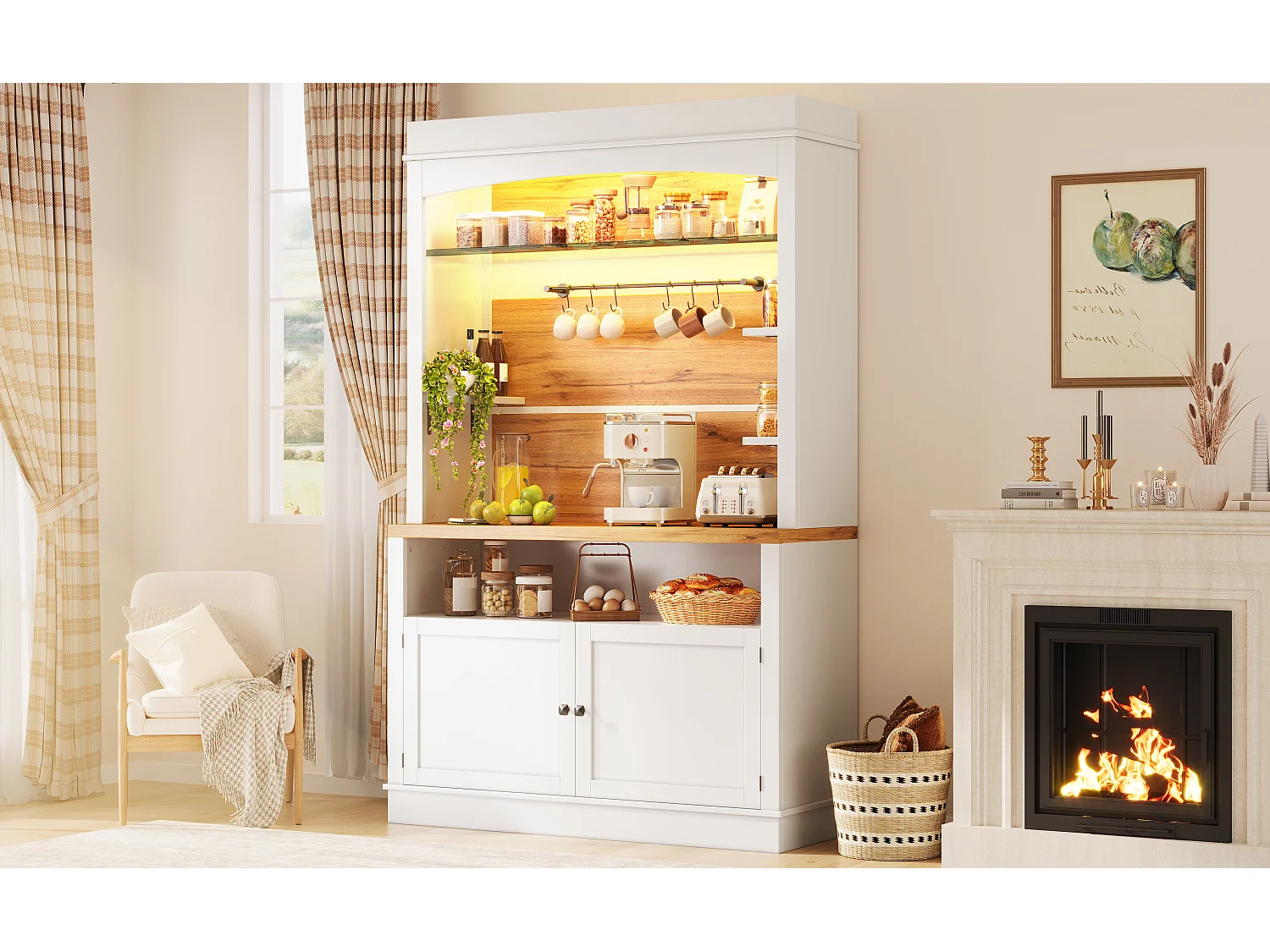 Set of 2 Kitchen Buffets with 2 Doors, RGB LED Lighting, Glass Shelves, Hooks and Closed Cabinet - MDF/Metal - 107 x 34 x 184 cm - White + Wood