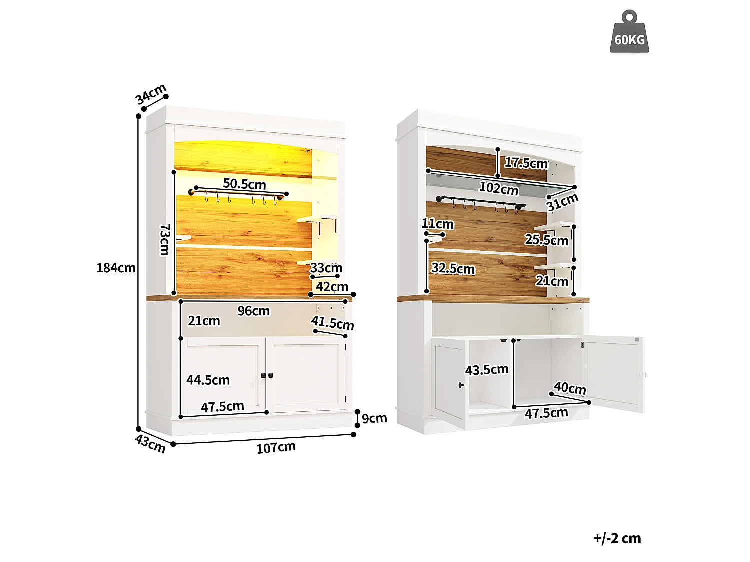 Set of 2 Kitchen Buffets with 2 Doors, RGB LED Lighting, Glass Shelves, Hooks and Closed Cabinet - MDF/Metal - 107 x 34 x 184 cm - White + Wood