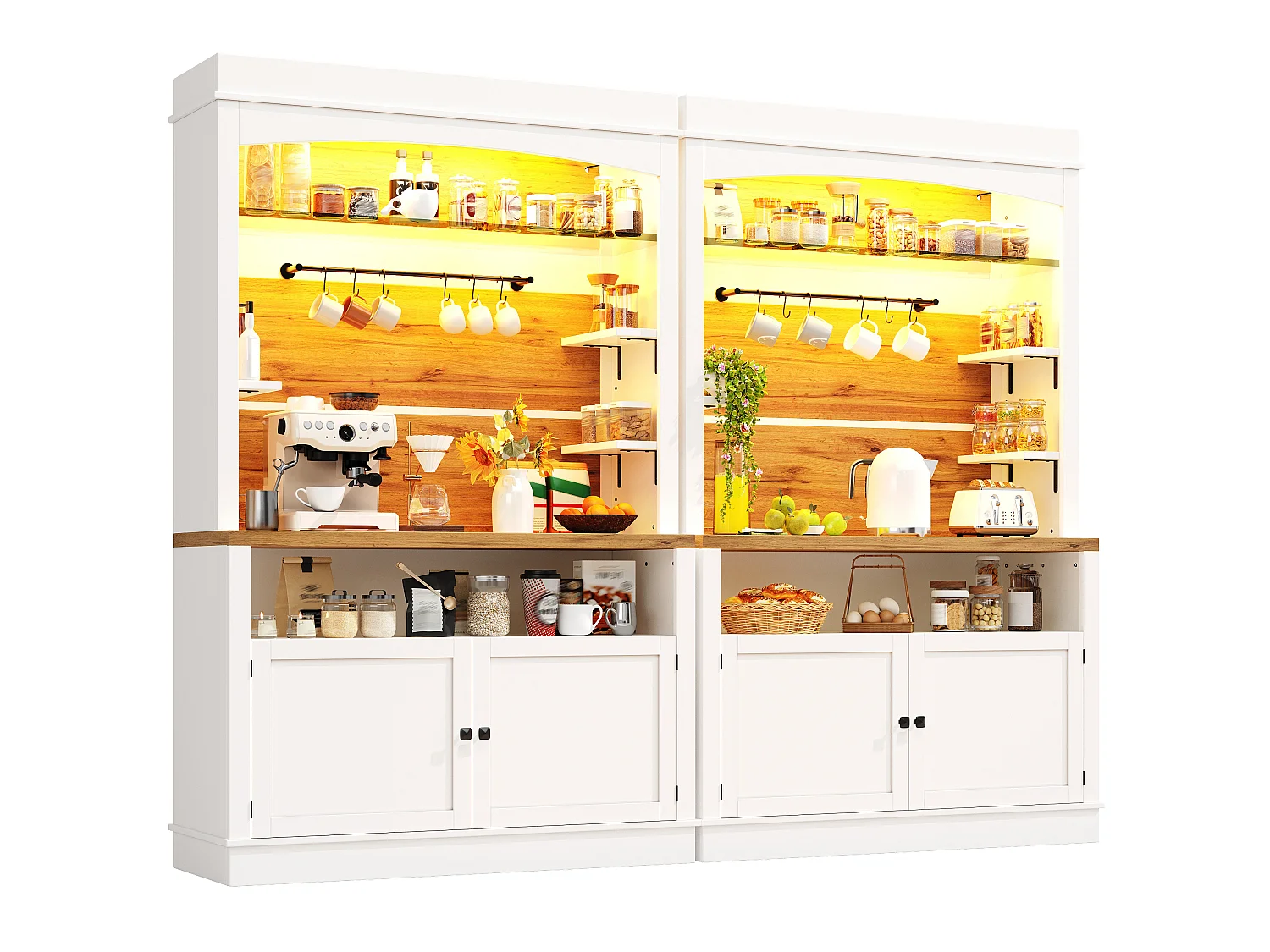 Set of 2 Kitchen Buffets with 2 Doors, RGB LED Lighting, Glass Shelves, Hooks and Closed Cabinet - MDF/Metal - 107 x 34 x 184 cm - White + Wood