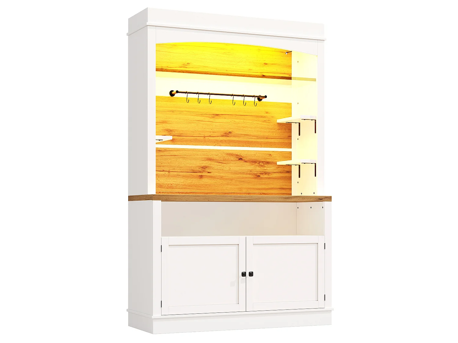 Set of 2 Kitchen Buffets with 2 Doors, RGB LED Lighting, Glass Shelves, Hooks and Closed Cabinet - MDF/Metal - 107 x 34 x 184 cm - White + Wood