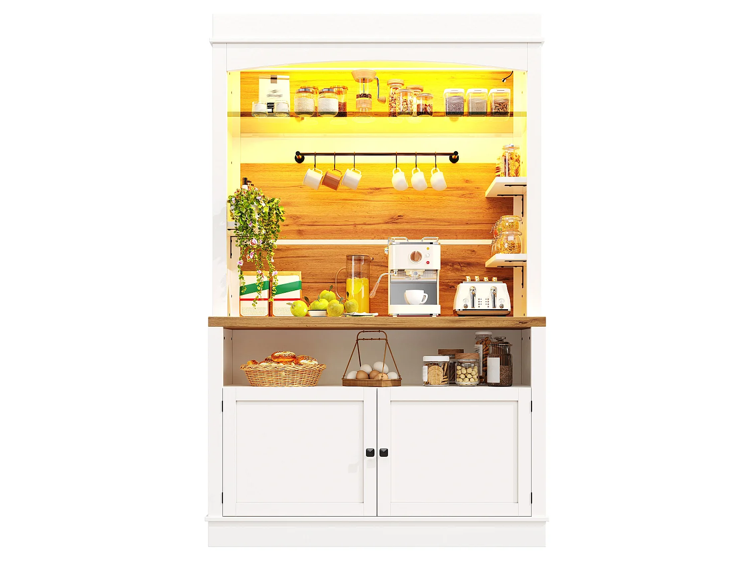 Set of 2 Kitchen Buffets with 2 Doors, RGB LED Lighting, Glass Shelves, Hooks and Closed Cabinet - MDF/Metal - 107 x 34 x 184 cm - White + Wood