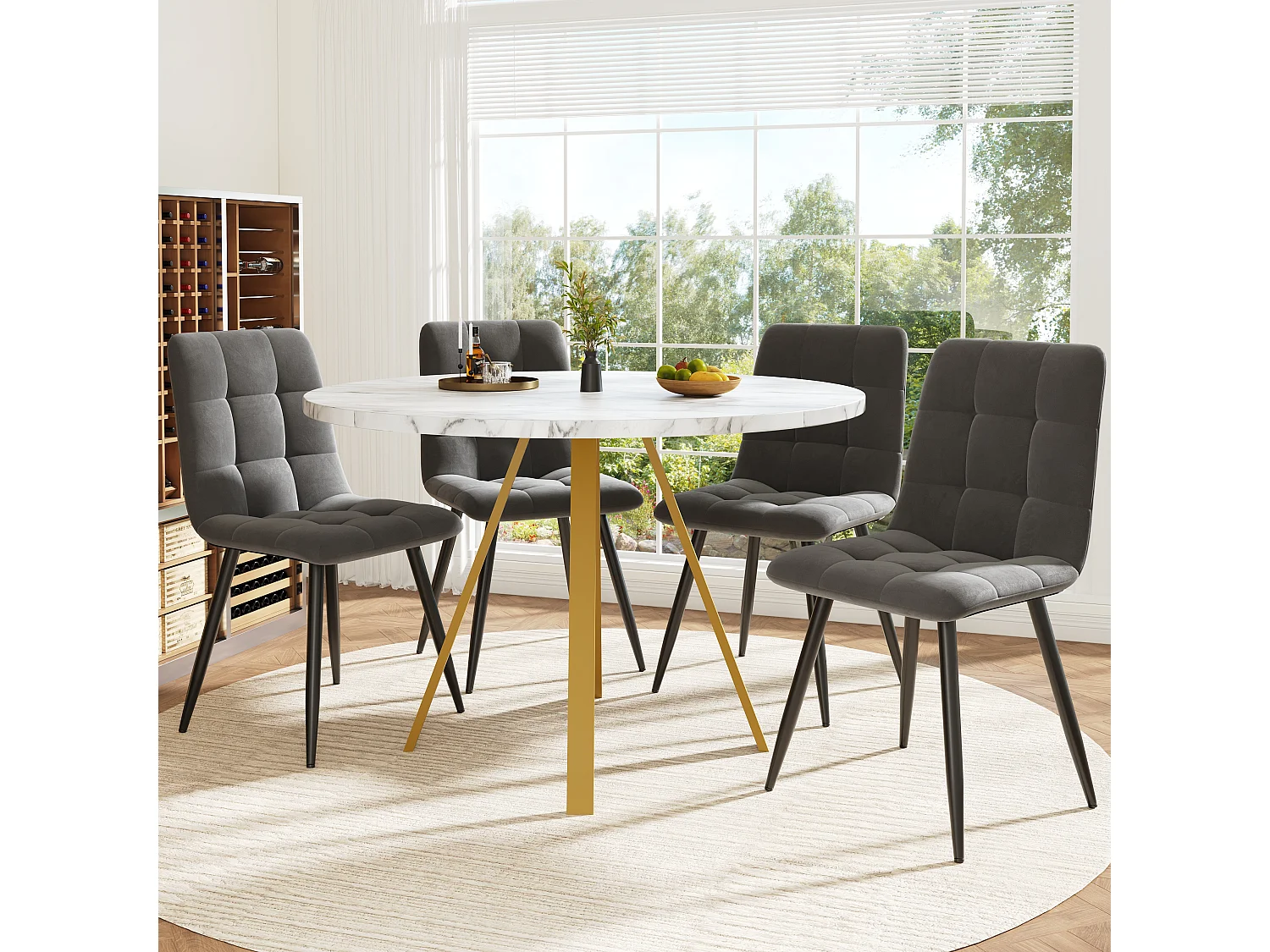 Ensemble table à manger ronde + 4 chaises de salle à manger en velours - MDF et pièds en métal doré - Aspect marbre - Gris et blanc