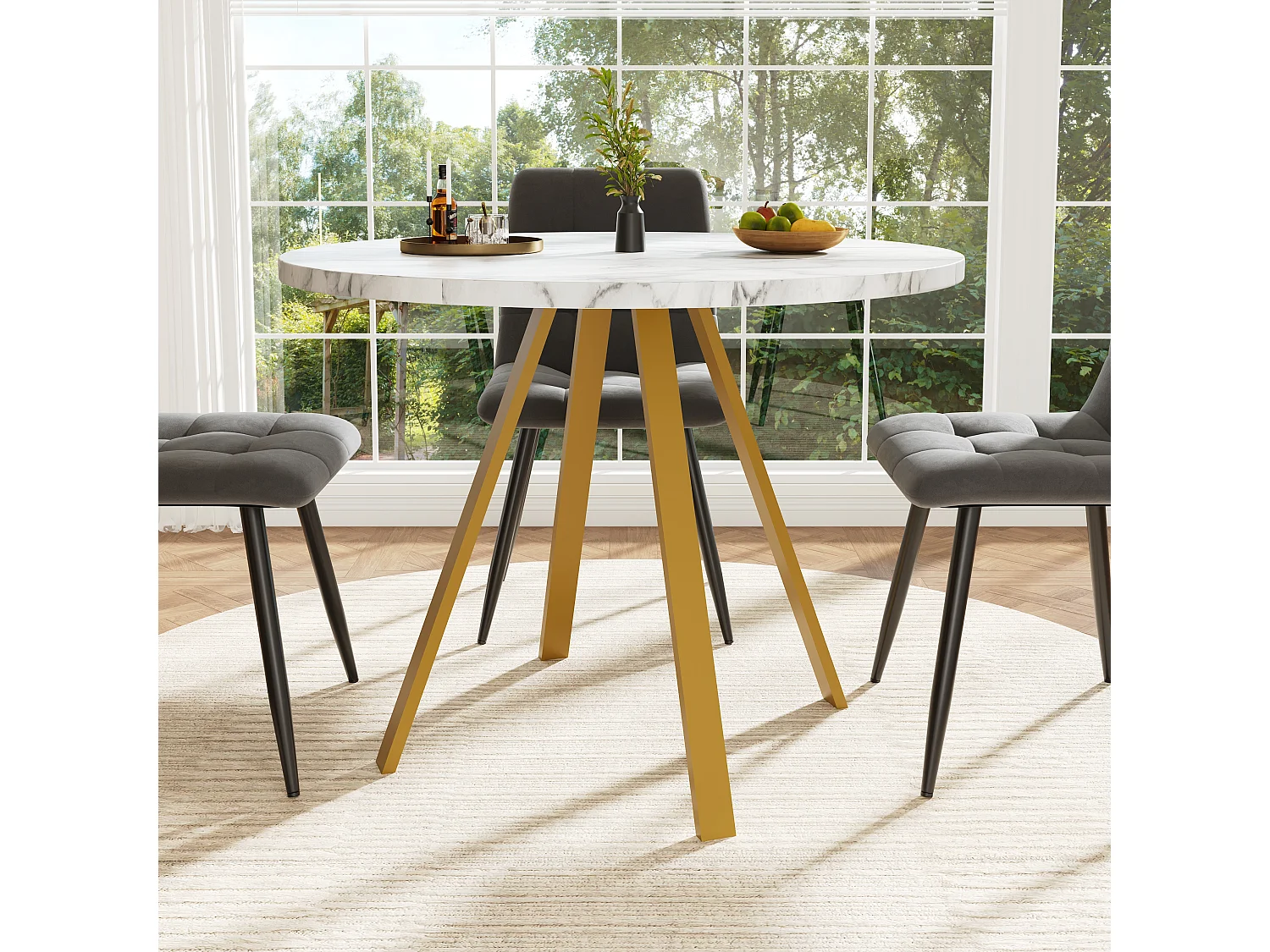 Ensemble table à manger ronde + 4 chaises de salle à manger en velours - MDF et pièds en métal doré - Aspect marbre - Gris et blanc