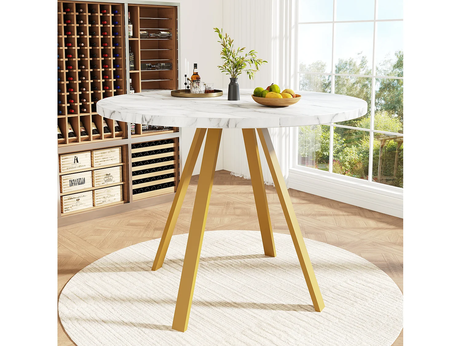 Ensemble table à manger ronde + 4 chaises de salle à manger en velours - MDF et pièds en métal doré - Aspect marbre - Gris et blanc