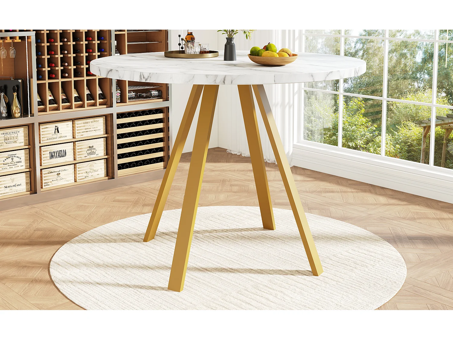 Ensemble table à manger ronde + 4 chaises de salle à manger en velours - MDF et pièds en métal doré - Aspect marbre - Gris et blanc