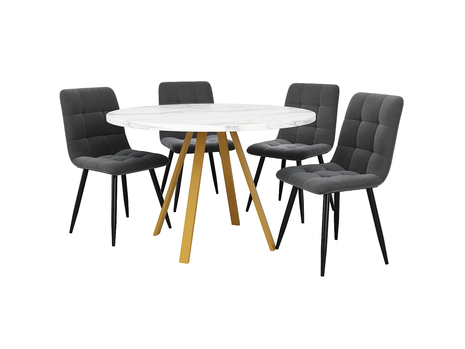 Ensemble table à manger ronde + 4 chaises de salle à manger en velours - MDF et pièds en métal doré - Aspect marbre - Gris et blanc