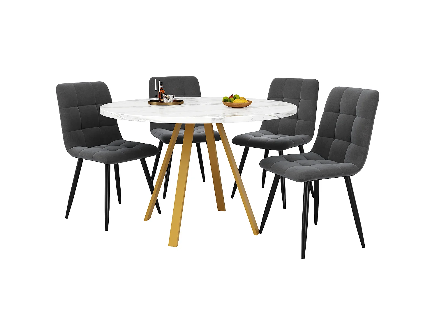Ensemble table à manger ronde + 4 chaises de salle à manger en velours - MDF et pièds en métal doré - Aspect marbre - Gris et blanc