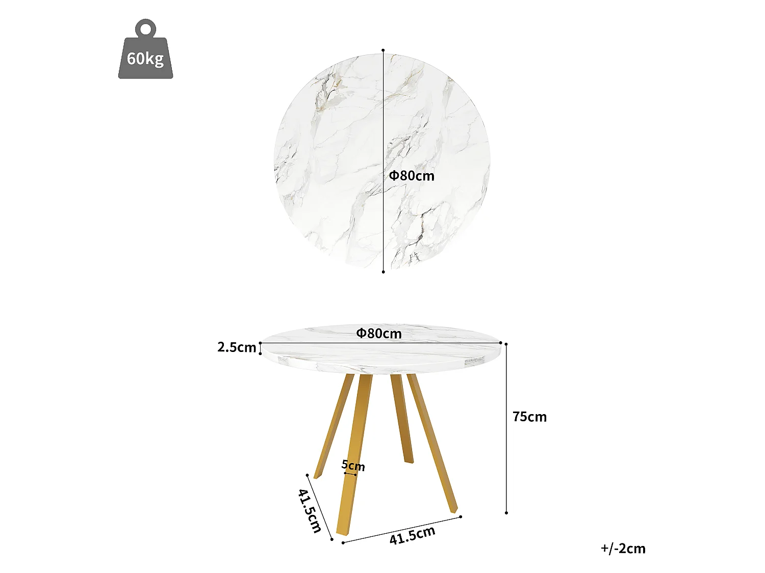 Ensemble table à manger ronde + 4 chaises de salle à manger en velours - MDF et pièds en métal doré - Aspect marbre - Gris et blanc