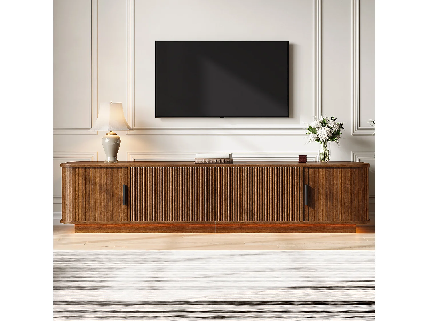 Mobile TV basso da 180 cm con 2 cassetti ondulati, 2 ante scorrevoli e illuminazione a LED - MDF e truciolato - 180 x 40 x 40 cm - Noce