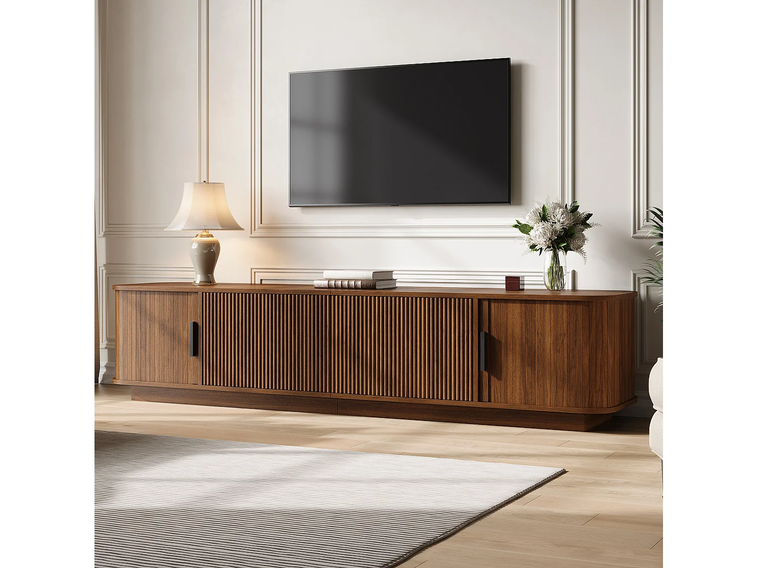 Mobile TV basso da 180 cm con 2 cassetti ondulati, 2 ante scorrevoli e illuminazione a LED - MDF e truciolato - 180 x 40 x 40 cm - Noce