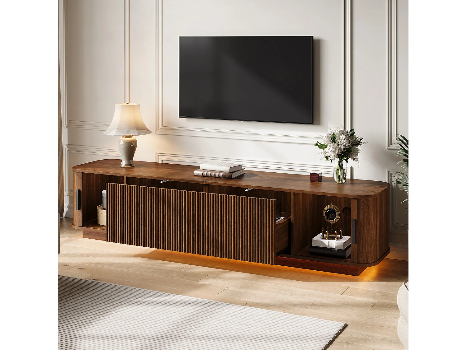 Mobile TV basso da 180 cm con 2 cassetti ondulati, 2 ante scorrevoli e illuminazione a LED - MDF e truciolato - 180 x 40 x 40 cm - Noce