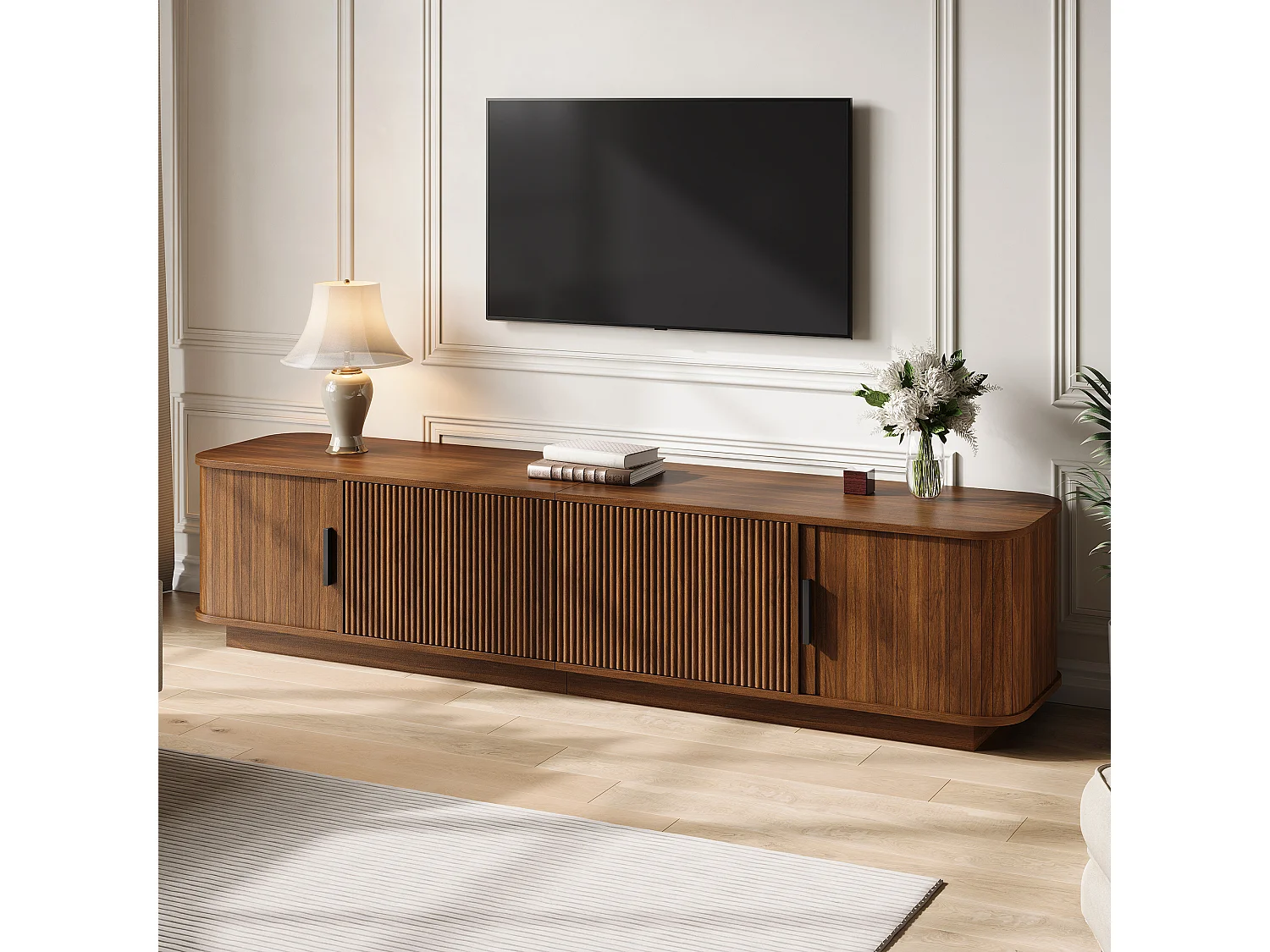 Mobile TV basso da 180 cm con 2 cassetti ondulati, 2 ante scorrevoli e illuminazione a LED - MDF e truciolato - 180 x 40 x 40 cm - Noce