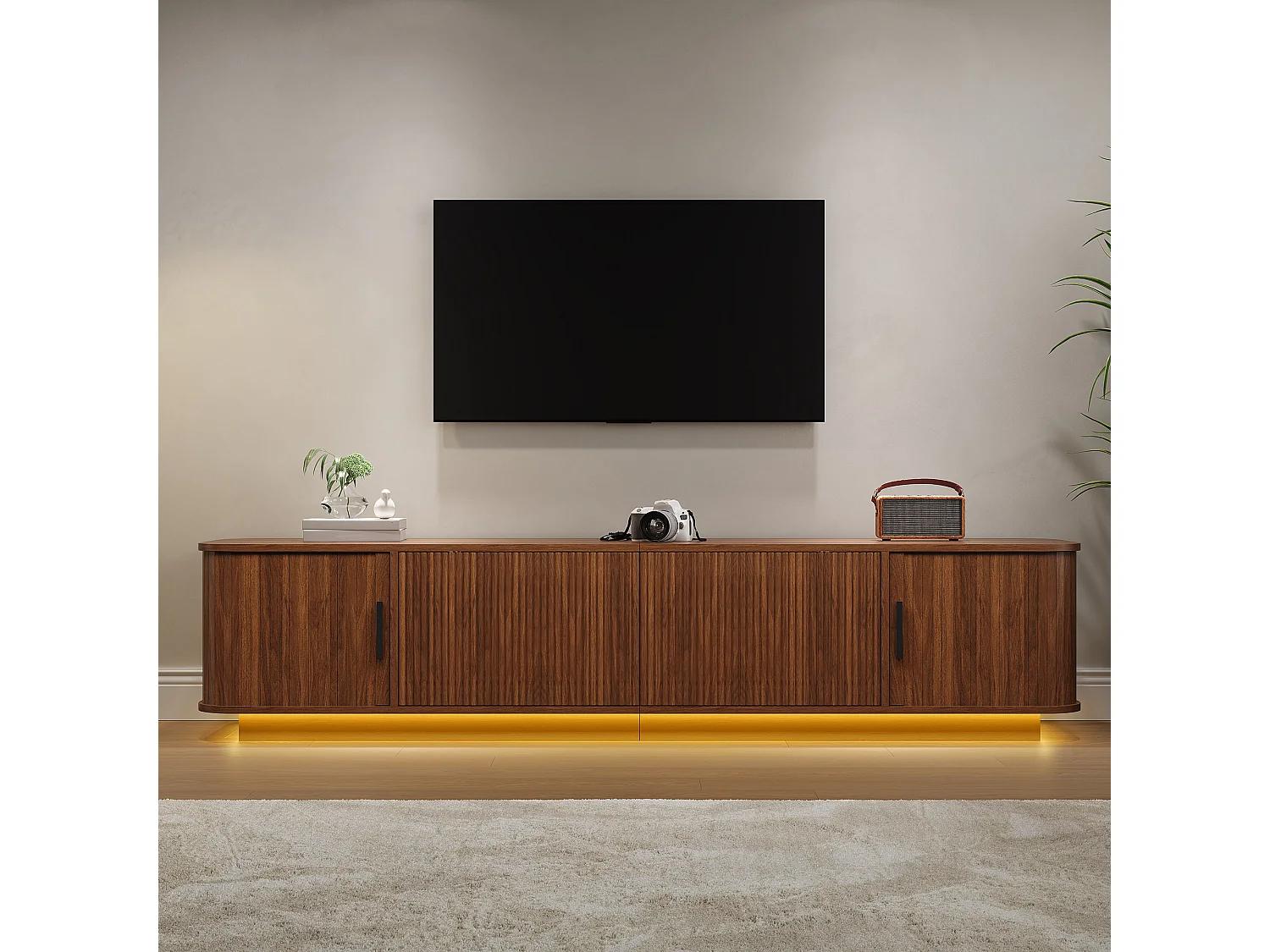 Mobile TV basso da 180 cm con 2 cassetti ondulati, 2 ante scorrevoli e illuminazione a LED - MDF e truciolato - 180 x 40 x 40 cm - Noce