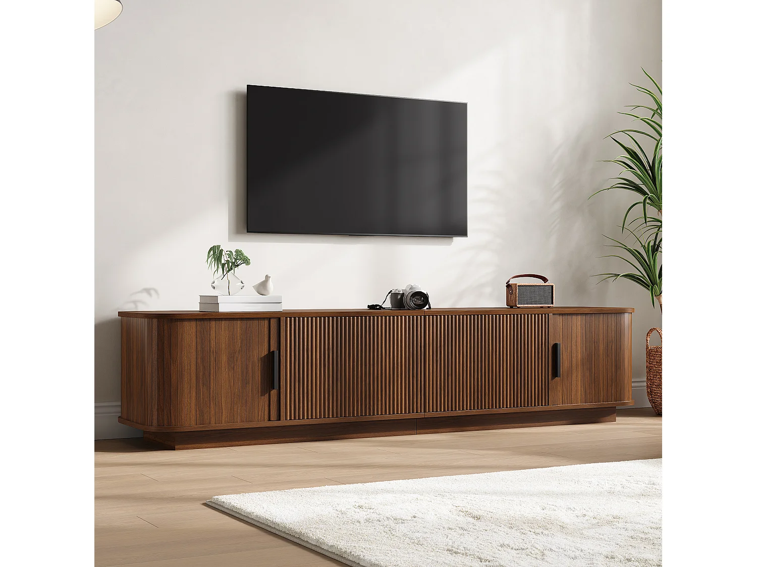 Mobile TV basso da 180 cm con 2 cassetti ondulati, 2 ante scorrevoli e illuminazione a LED - MDF e truciolato - 180 x 40 x 40 cm - Noce