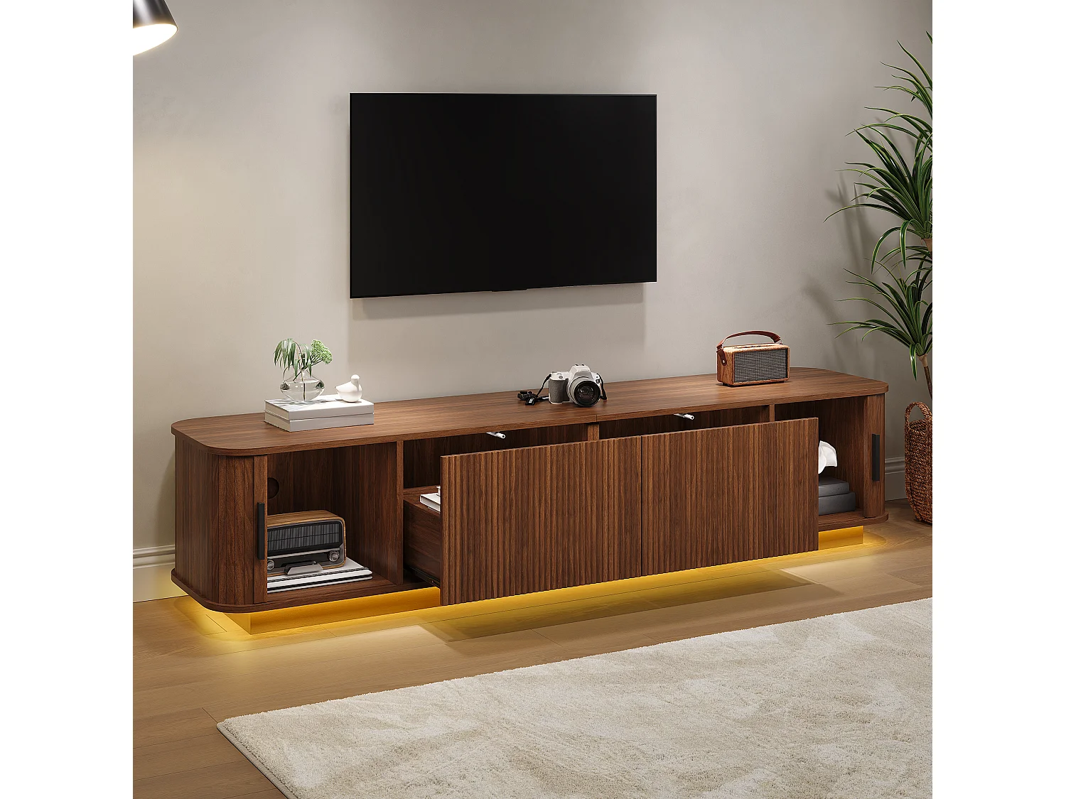Mobile TV basso da 180 cm con 2 cassetti ondulati, 2 ante scorrevoli e illuminazione a LED - MDF e truciolato - 180 x 40 x 40 cm - Noce