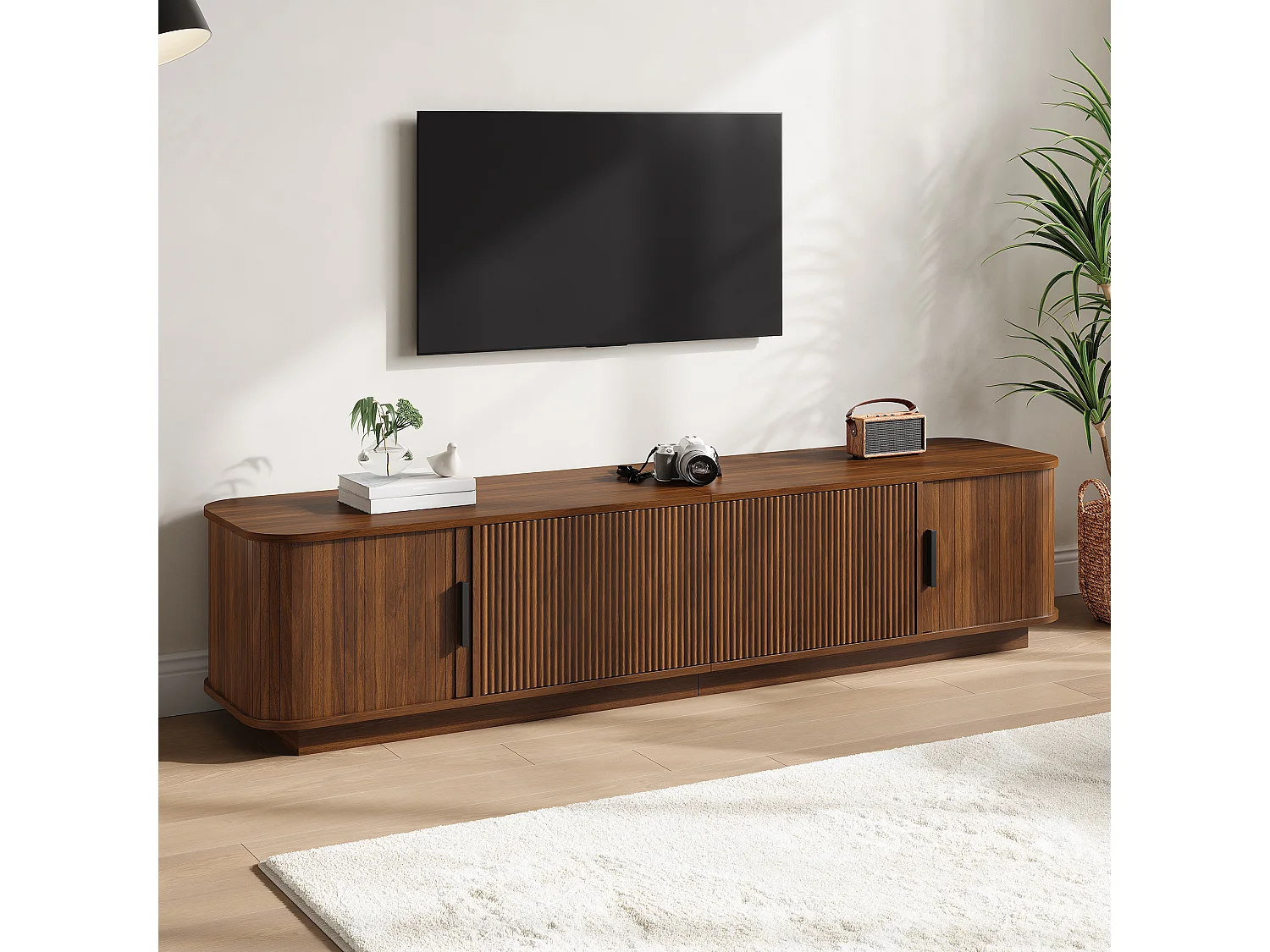 Mobile TV basso da 180 cm con 2 cassetti ondulati, 2 ante scorrevoli e illuminazione a LED - MDF e truciolato - 180 x 40 x 40 cm - Noce