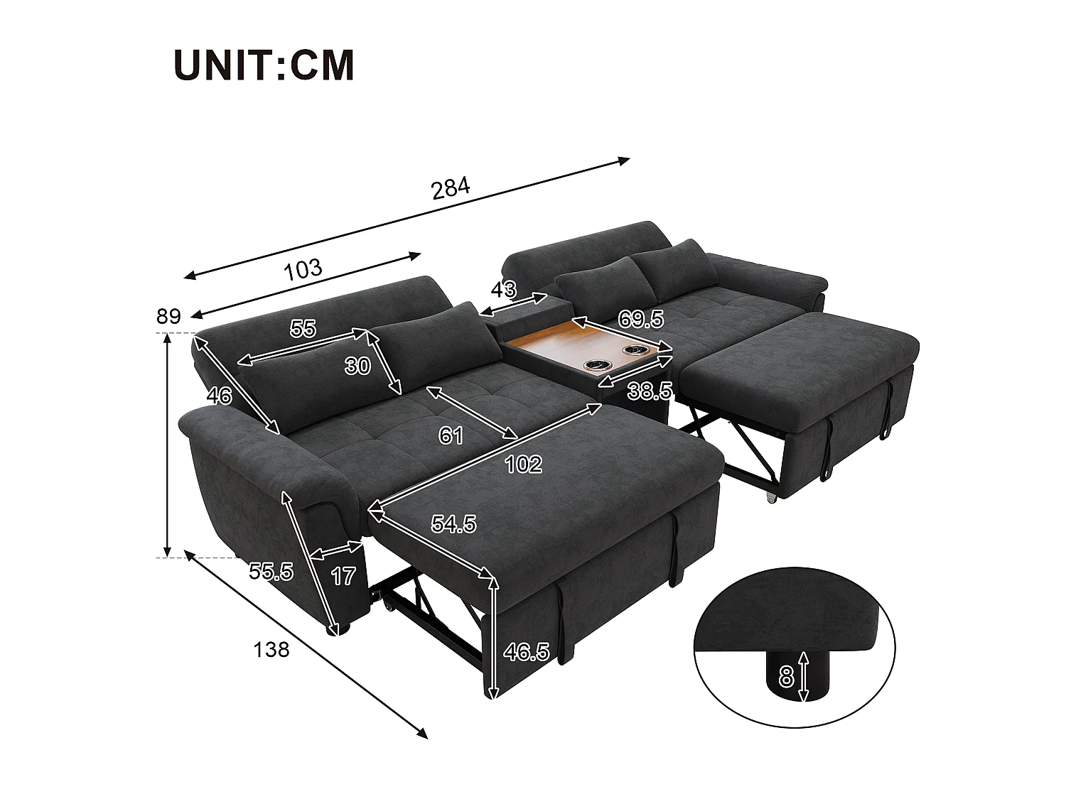 Canapé convertible avec couchage double, dossier réglable et console centrale - Chenille - 284 x 138 x 89 cm - Gris foncé