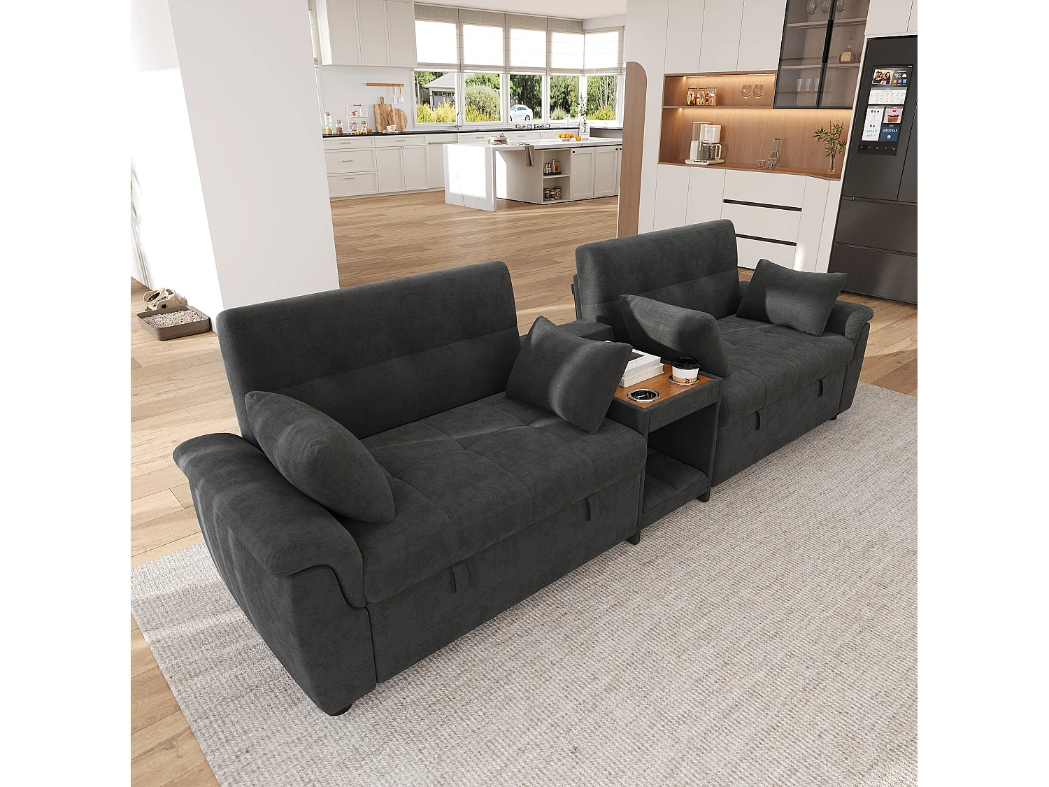 Canapé convertible avec couchage double, dossier réglable et console centrale - Chenille - 284 x 138 x 89 cm - Gris foncé